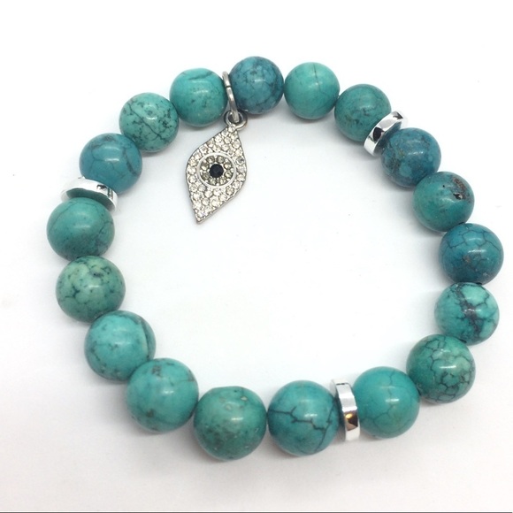 TURQUOISE DYED HOWLITE RHINESTONE EVIL EYE CHARM SILVER TONE BRACELET - Picture 1 of 8